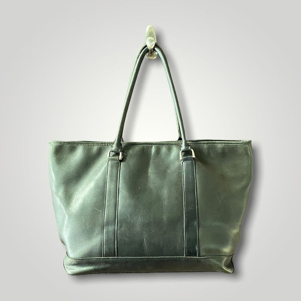 L.L. Bean Large Town & Field Leather Tote Green Animal Print Lining - Picture 3 of 9